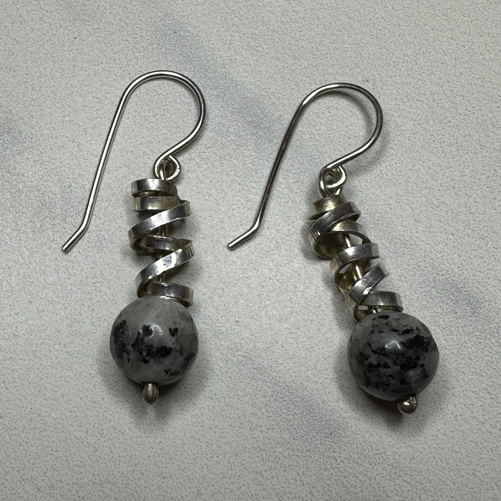 Artisan Crafted Sterling Silver Earrings with Larvikite Dangle Design